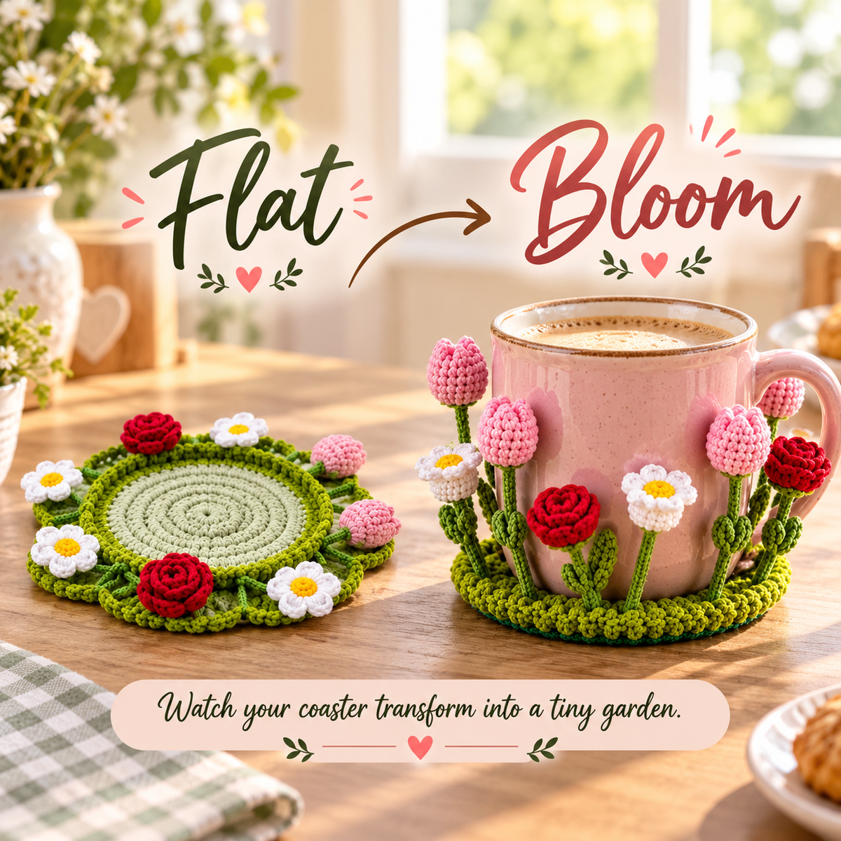 Pop-Up 5-in-1 Flower Coaster Crochet Pattern Bundle Daisy Rose Tulip Sunflower Mug Rugs