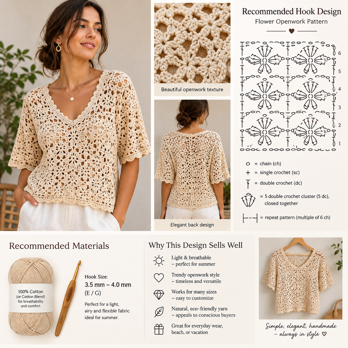 Beige Summer Crochet Blouse Pattern, Floral Openwork Top, V-Neck & Scalloped Sleeves | Crafts