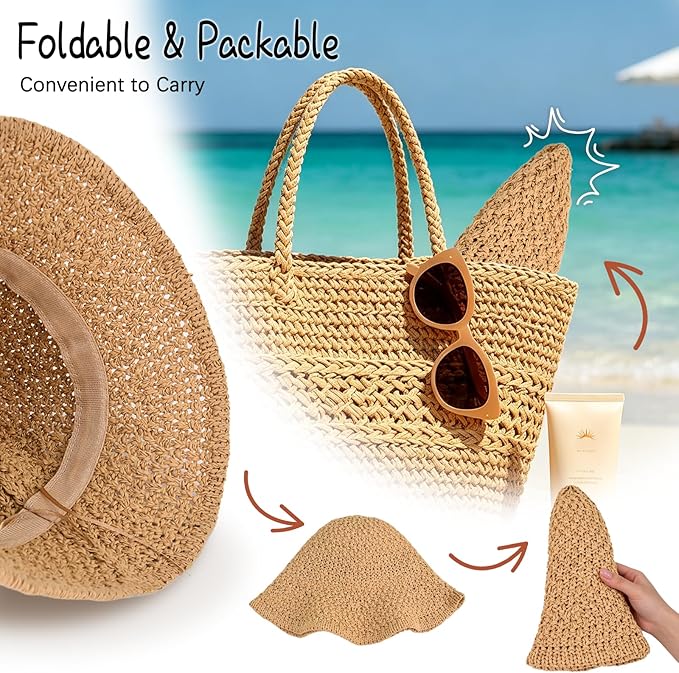 Sun Hat for Women Summer Straw Beach Hats Floppy Crochet Hat UV Protection Foldable Packable