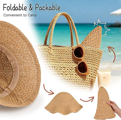 Sun Hat for Women Summer Straw Beach Hats Floppy Crochet Hat UV Protection Foldable Packable