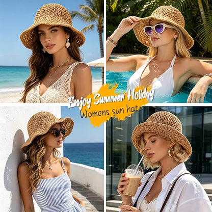 Sun Hat for Women Summer Straw Beach Hats Floppy Crochet Hat UV Protection Foldable Packable