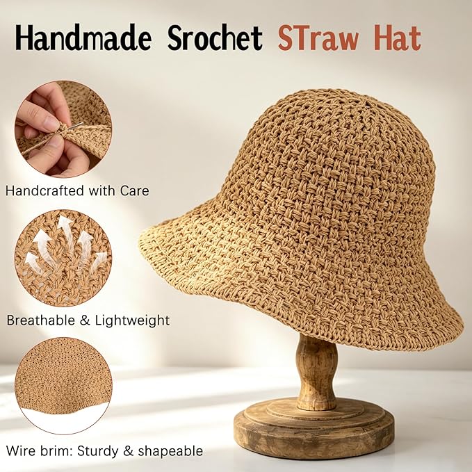 Sun Hat for Women Summer Straw Beach Hats Floppy Crochet Hat UV Protection Foldable Packable