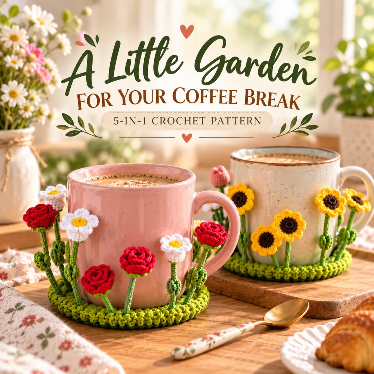 Pop-Up 5-in-1 Flower Coaster Crochet Pattern Bundle Daisy Rose Tulip Sunflower Mug Rugs