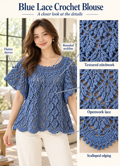 Blue Lace Blouse Crochet Pattern PDF, Flutter Sleeve Top with Scalloped Edges