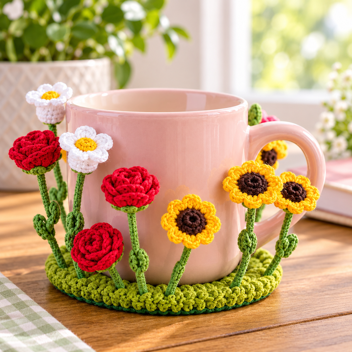Pop-Up 5-in-1 Flower Coaster Crochet Pattern Bundle Daisy Rose Tulip Sunflower Mug Rugs