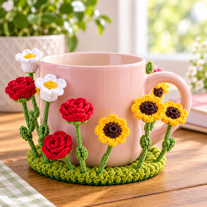 Pop-Up 5-in-1 Flower Coaster Crochet Pattern Bundle Daisy Rose Tulip Sunflower Mug Rugs
