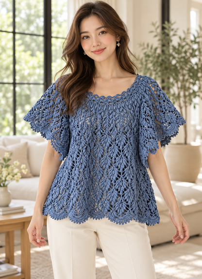 Blue Lace Blouse Crochet Pattern PDF, Flutter Sleeve Top with Scalloped Edges