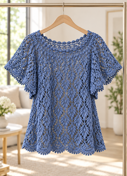 Blue Lace Blouse Crochet Pattern PDF, Flutter Sleeve Top with Scalloped Edges