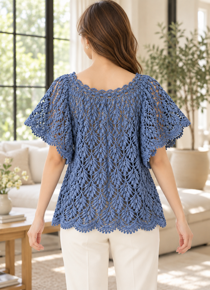 Blue Lace Blouse Crochet Pattern PDF, Flutter Sleeve Top with Scalloped Edges