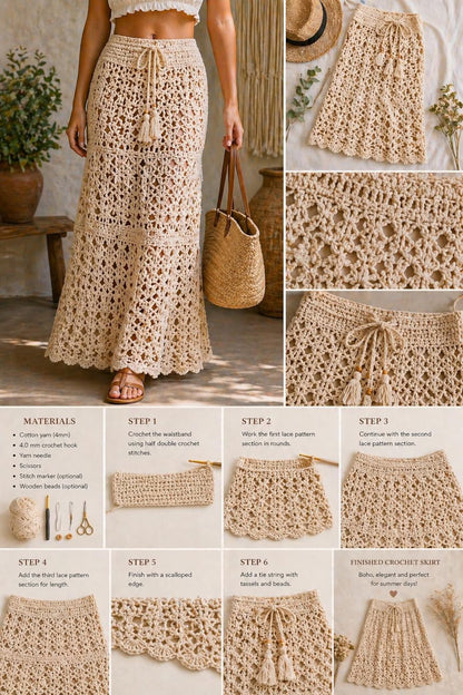 Summer Lace Maxi Skirt Crochet Pattern Beach Cover Up - Crafts