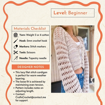 Breezy Mesh Tie-Front Crochet Pattern Easy Cropped Mesh Top Beginner Summer XS-5XL
