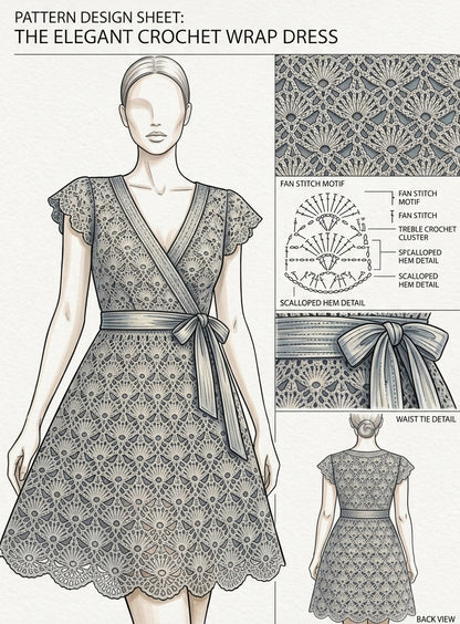 Elegant Crochet Wrap Dress Pattern – Floral Lace Summer Dress Flutter Sleeve PDF | Crafts