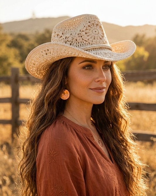 Cowboy Hat Crochet Pattern Cowgirl Sun Cap Boho Lace PDF - Crafts