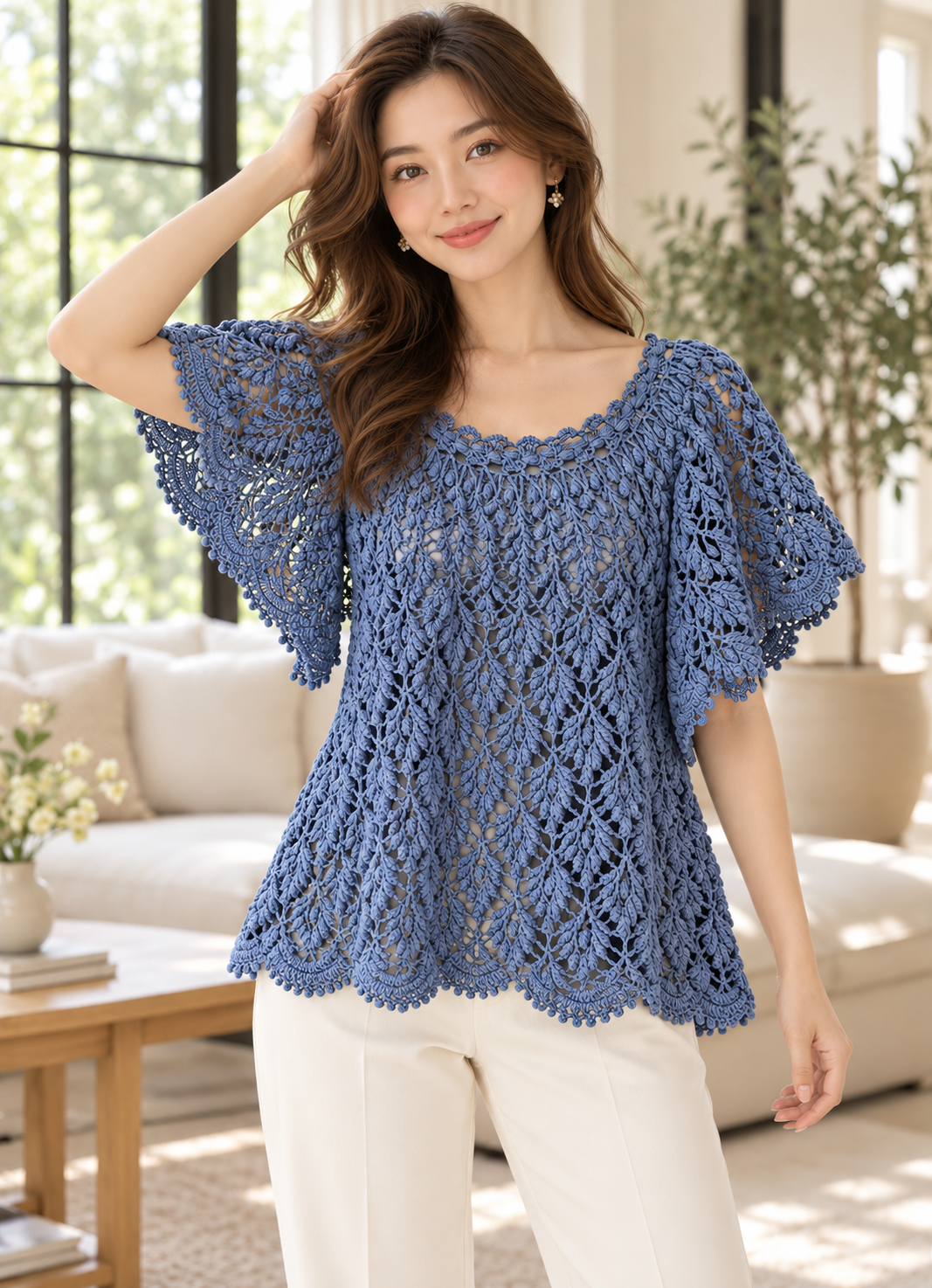 Blue Lace Blouse Crochet Pattern PDF, Flutter Sleeve Top with Scalloped Edges