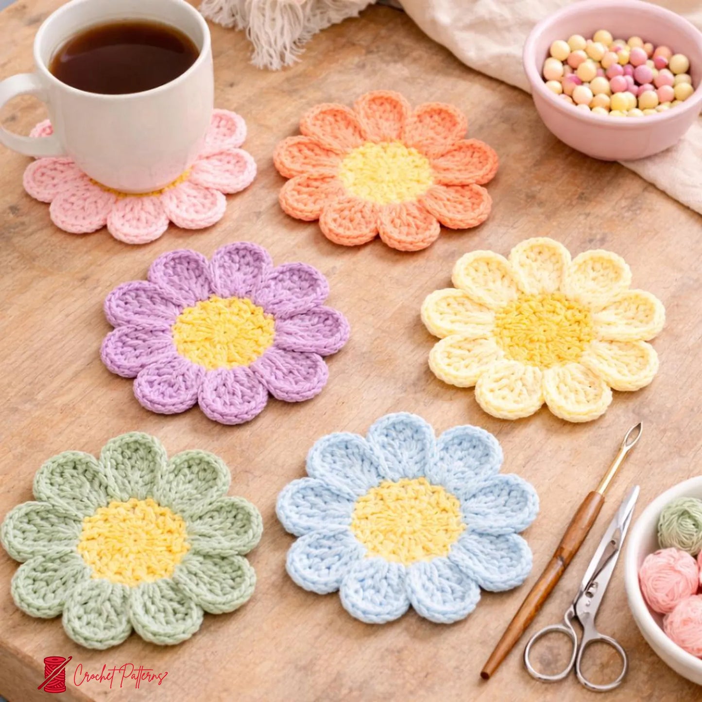 Flower Coaster Crochet Pattern Beginner Mug Rug 8 Petal Daisy Coaster