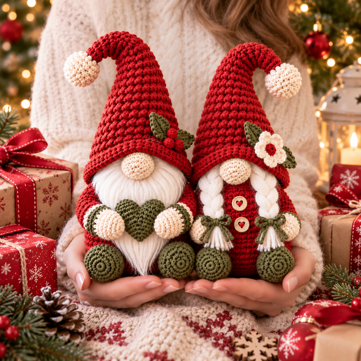 Hekleoppskrift på julealvpar i amigurumi, PDF-dekorasjoner | Håndarbeid