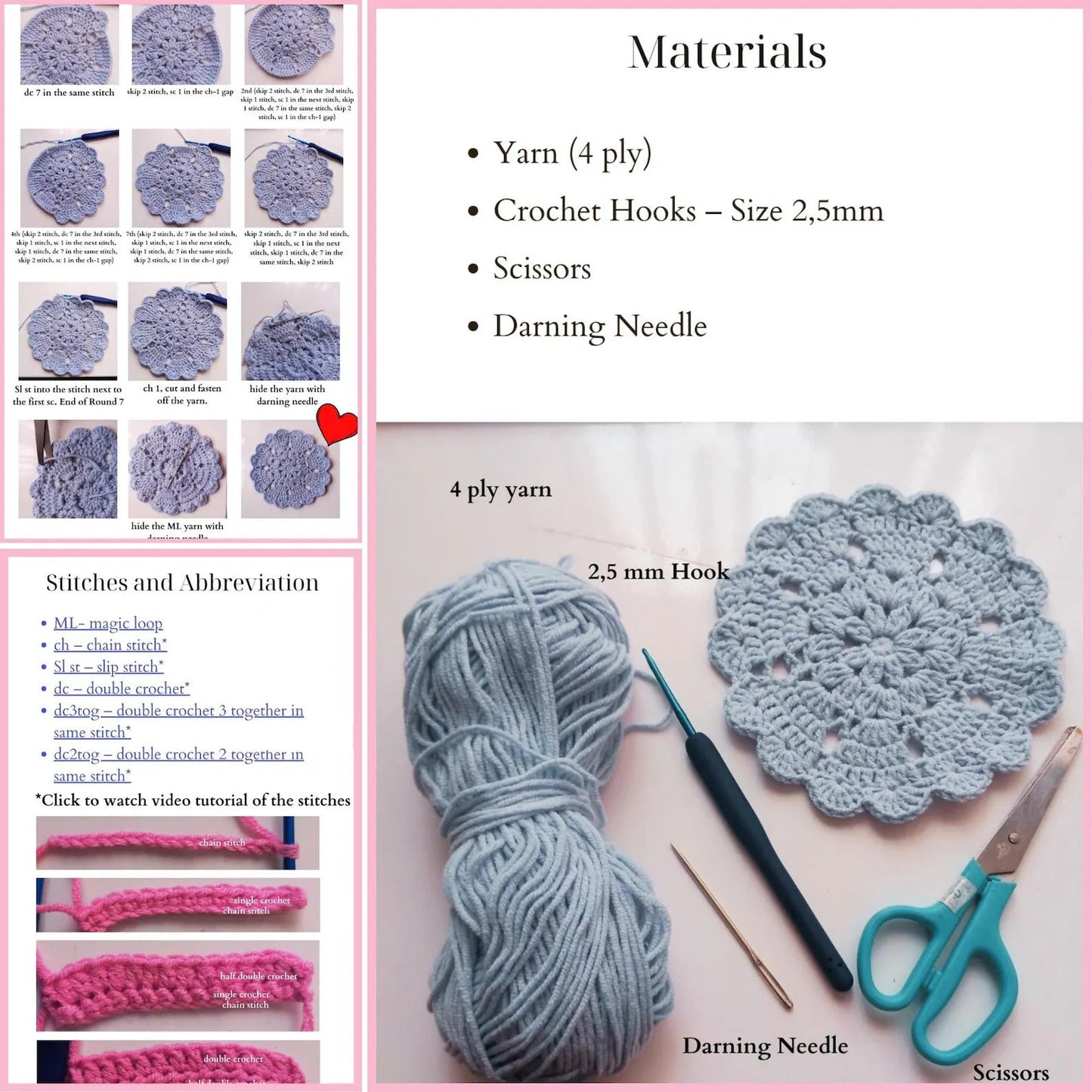 Crochet Heart & Flower Coaster Pattern Easy DIY House Decor - Crafts