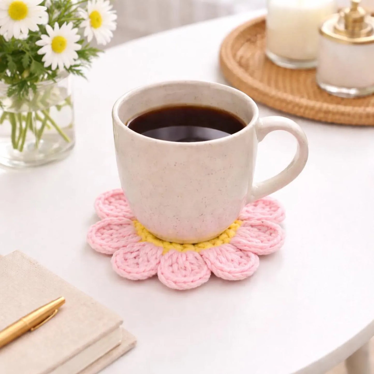 Flower Coaster Crochet Pattern Beginner Mug Rug 8 Petal Daisy Coaster