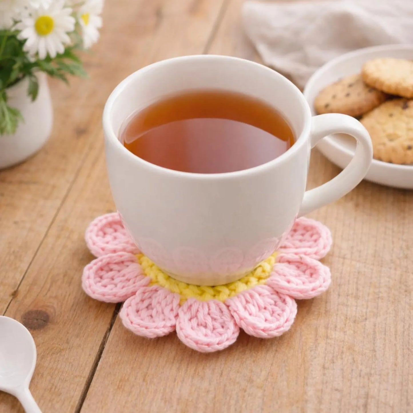 Flower Coaster Crochet Pattern Beginner Mug Rug 8 Petal Daisy Coaster