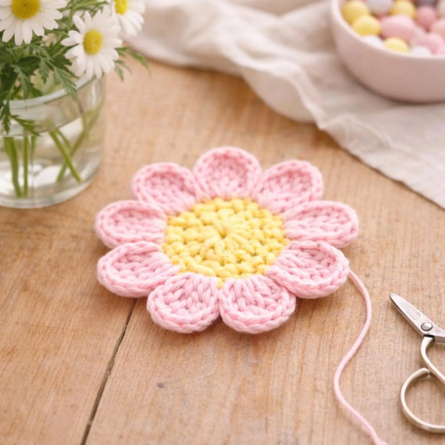 Flower Coaster Crochet Pattern Beginner Mug Rug 8 Petal Daisy Coaster