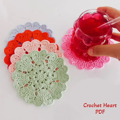 Crochet Heart & Flower Coaster Pattern Easy DIY House Decor - Crafts