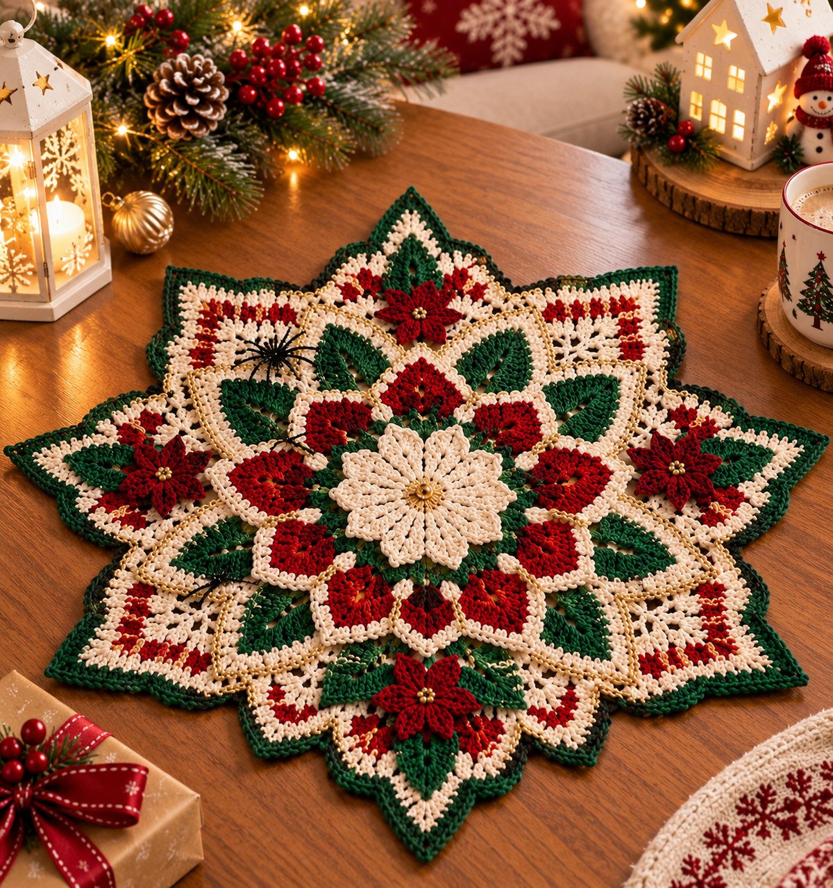 Poinsettia Christmas Crochet Doily Pattern PDF - Elegant Star Table Centerpiece