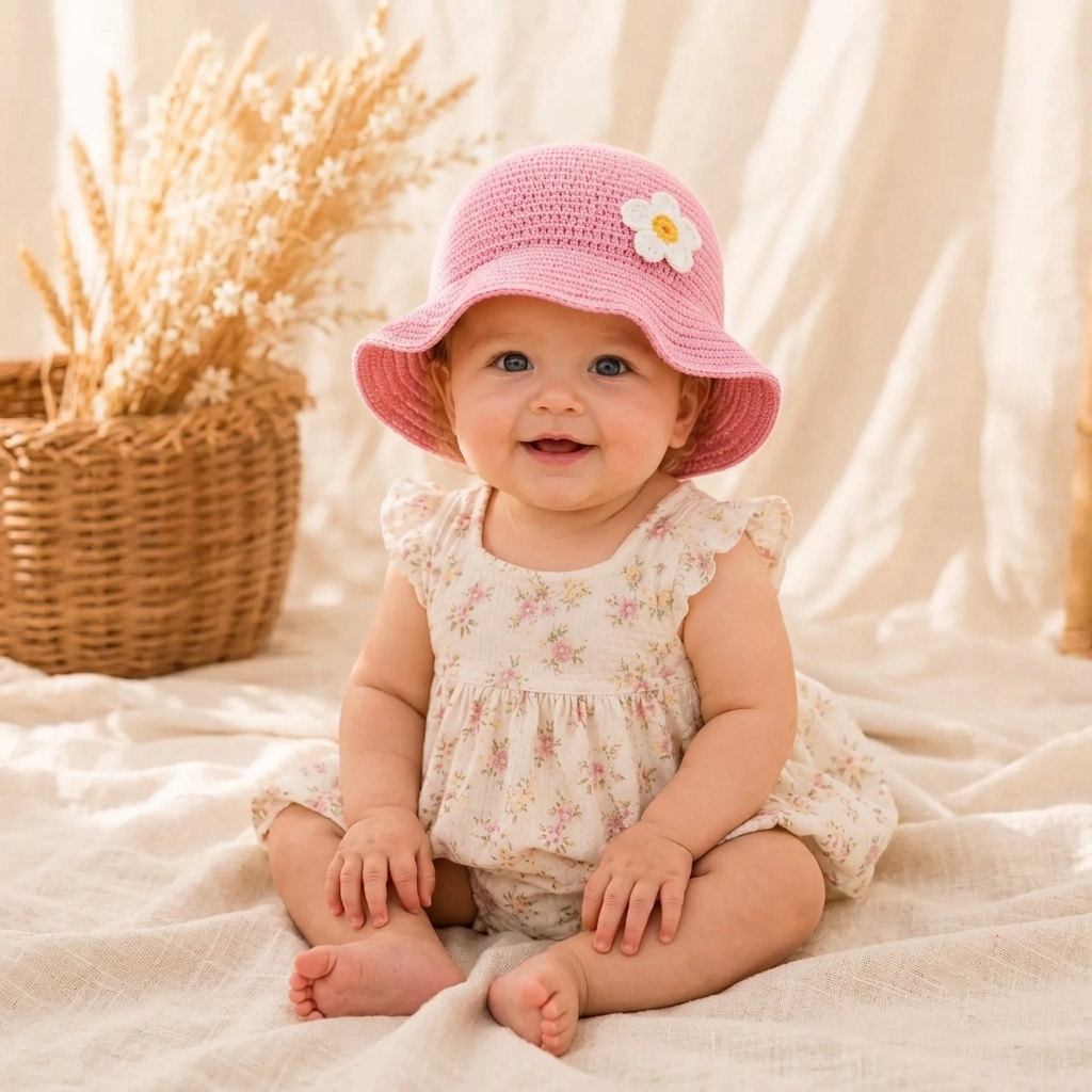 Baby Sun Bucket Hat Crochet Pattern with Flower - Crafts