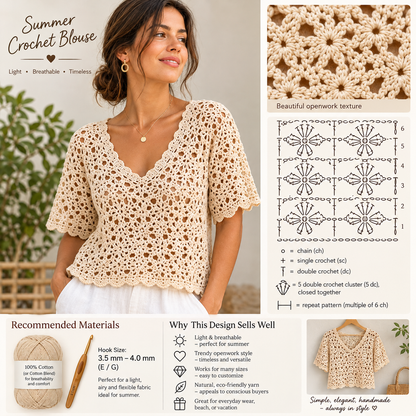 Beige Summer Crochet Blouse Pattern, Floral Openwork Top, V-Neck & Scalloped Sleeves | Crafts