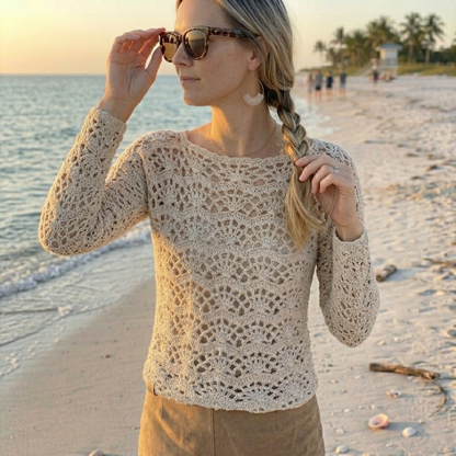 Summer Sweater Lace Crochet Pattern Charlotte Lacy Beach Long Sleeve Mesh Sweater XS–5XL