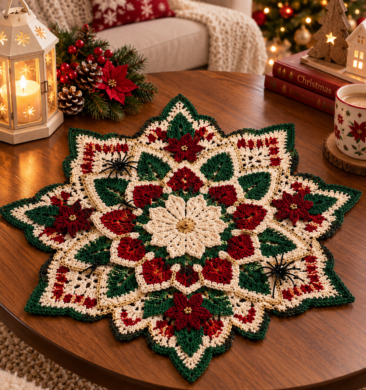 Poinsettia Christmas Crochet Doily Pattern PDF - Elegant Star Table Centerpiece