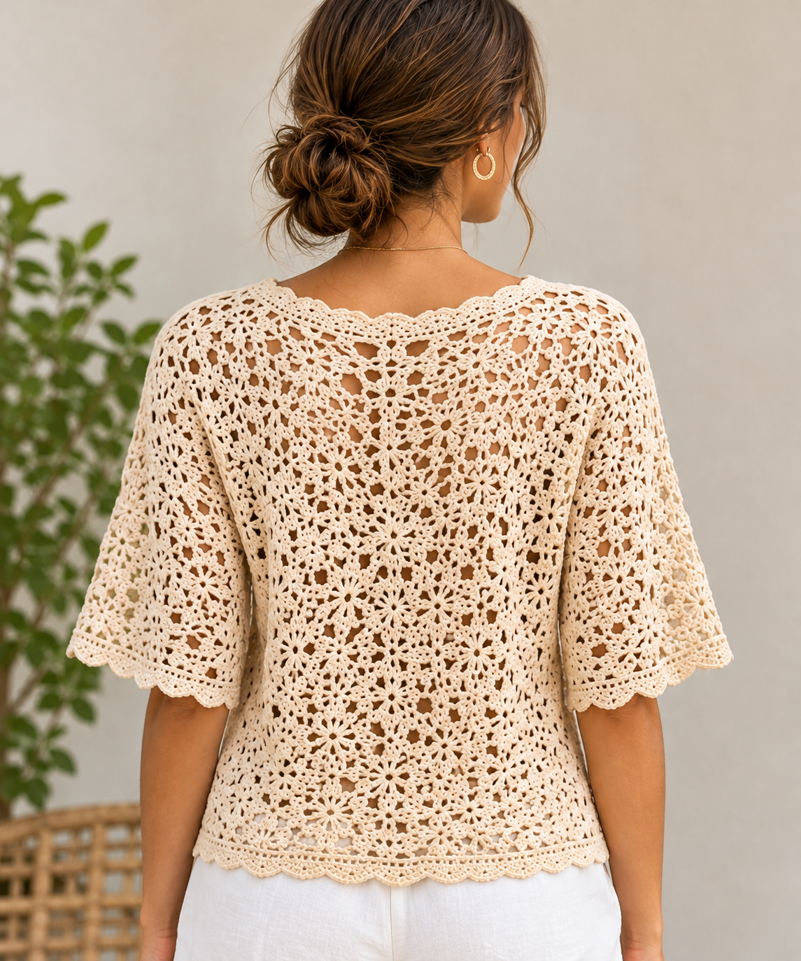 Beige Summer Crochet Blouse Pattern, Floral Openwork Top, V-Neck & Scalloped Sleeves | Crafts