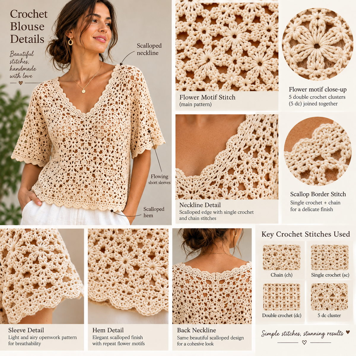 Beige Summer Crochet Blouse Pattern, Floral Openwork Top, V-Neck & Scalloped Sleeves | Crafts