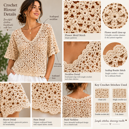 Beige Summer Crochet Blouse Pattern, Floral Openwork Top, V-Neck & Scalloped Sleeves | Crafts