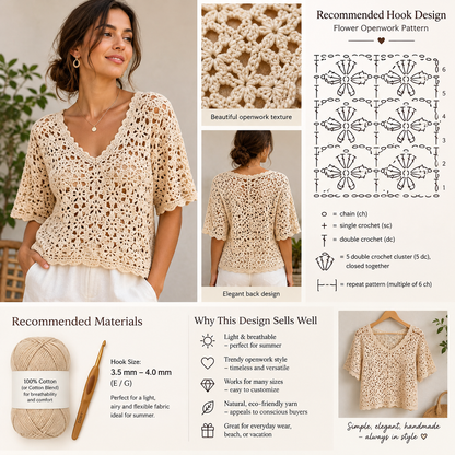 Beige Summer Crochet Blouse Pattern, Floral Openwork Top, V-Neck & Scalloped Sleeves | Crafts