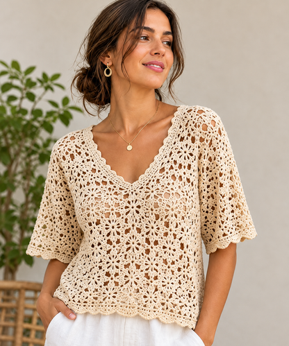 Beige Summer Crochet Blouse Pattern, Floral Openwork Top, V-Neck & Scalloped Sleeves | Crafts